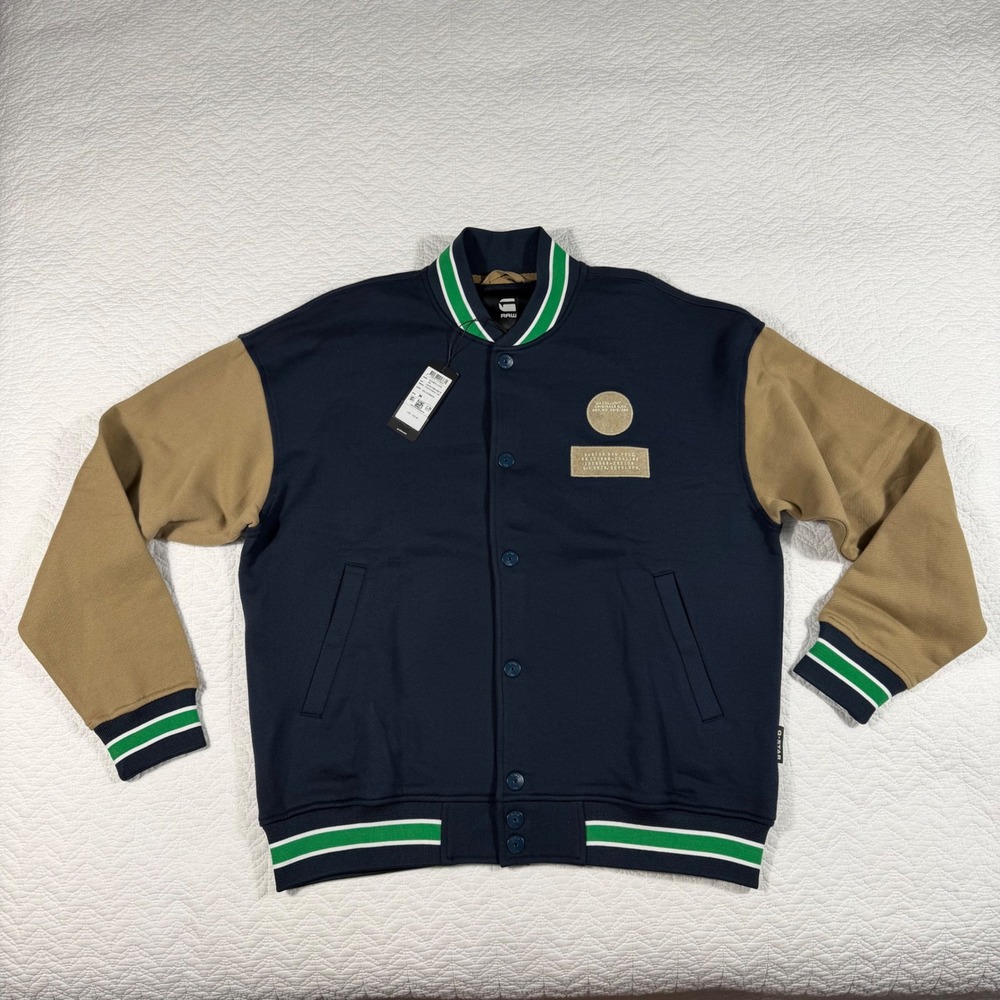 G Star Raw Bomber Loose Jacket Mens Size M Navy Tan Green Stripe Collar Cuffs